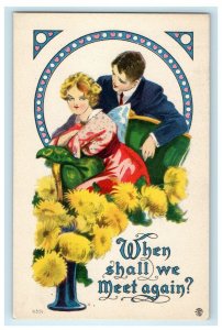 c1910 Romance Couple Botanical Flowers Blue Vase Antique Unposted Postcard