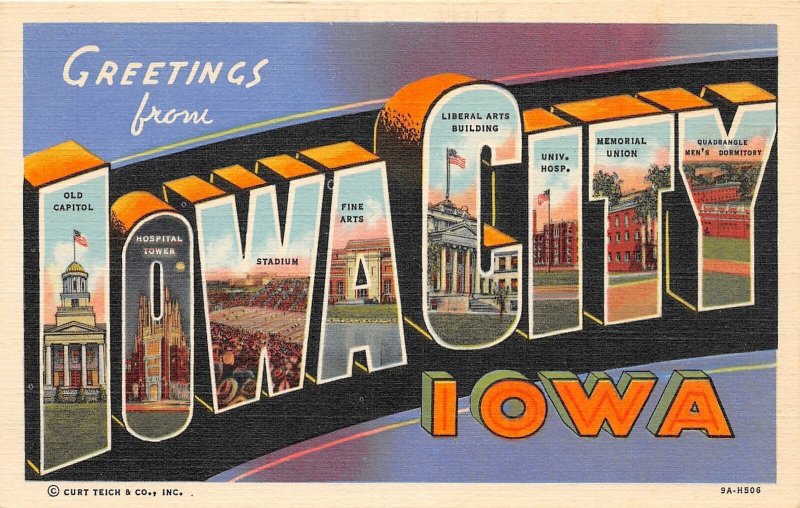 H68/ Iowa City Postcard Linen Large Letter Greetings from Iowa City 17
