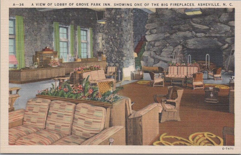 Postcard View of Lobby Grove Park Inn Big Fireplaces Asheville NC