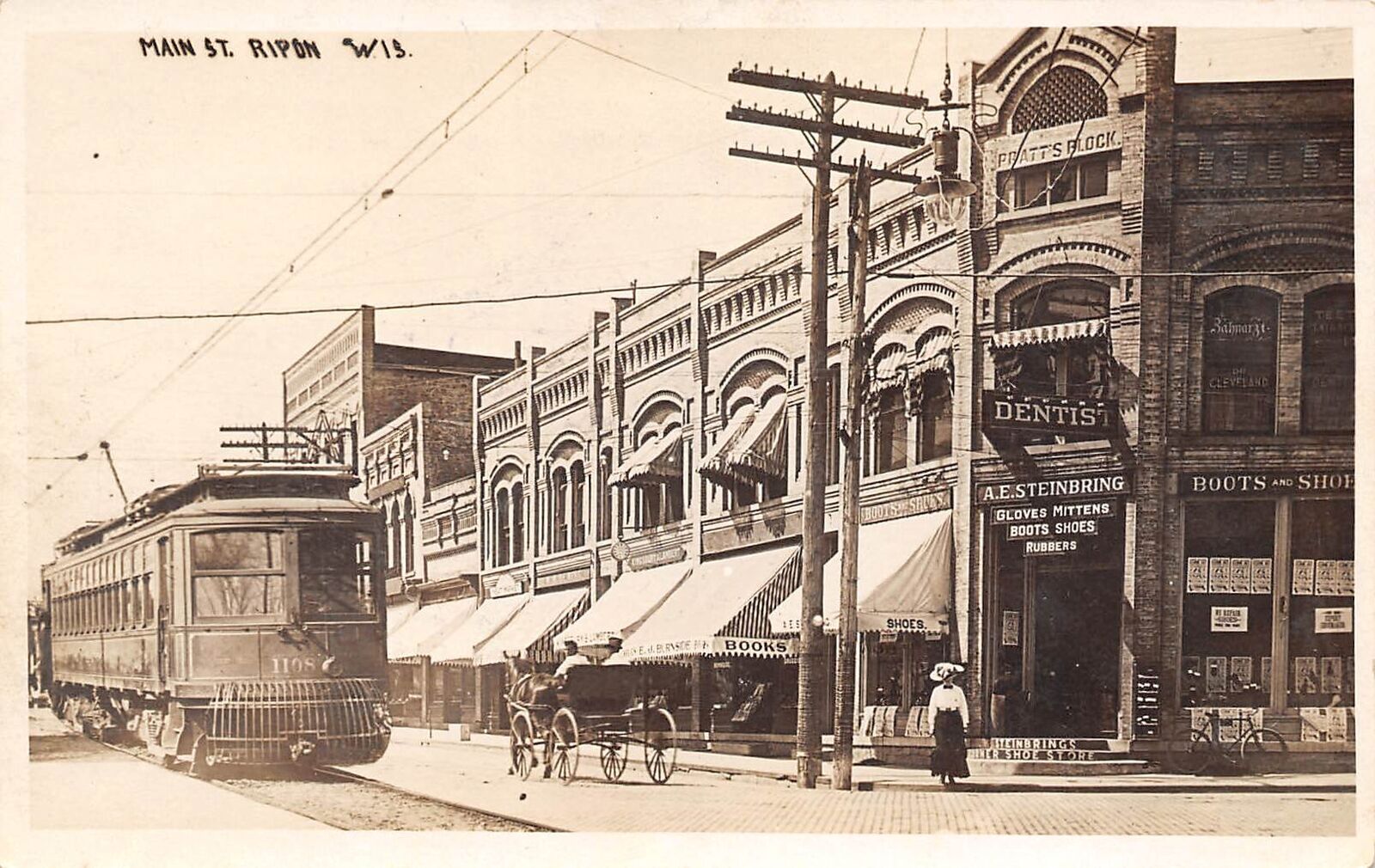 Ripon Wisconsin Main St., Trolley Car, Real Photo Vintage Postcard