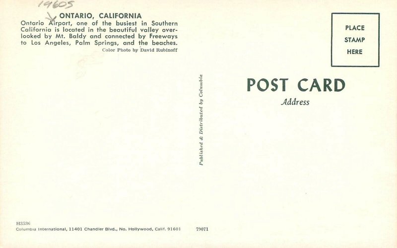 Postcard California Ontario 1960s Airport Autos Columbia H3536 23-7862