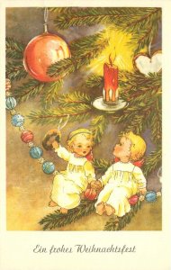 Postcard 1930s Merry Christmas Tree Children Candles 22-13343