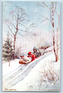 Canada Postcard Tobogganing Three Men Ice Skiing c1910 Oilette Tuck Art
