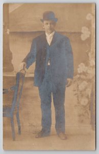 RPPC Dapper Man Derby Hat Studio Photo Postcard B38
