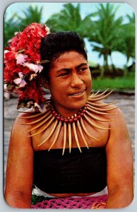 Vtg Honolulu Hawaii HI Somoan Girl with Flower Headdress & Lei of Bones Postcard