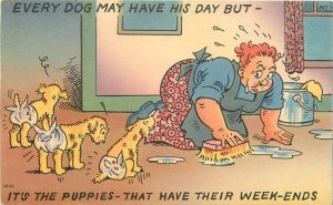 1940s Every dogs may have their day puppies weekends woman Postcard 22-9387