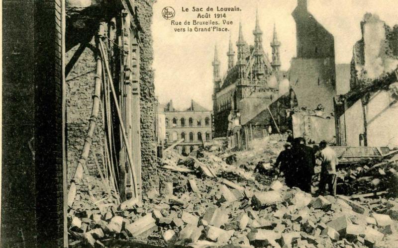 France - Louvain. WWI, August 1914. Ruins at Rue de Bruxelles, Grand Place