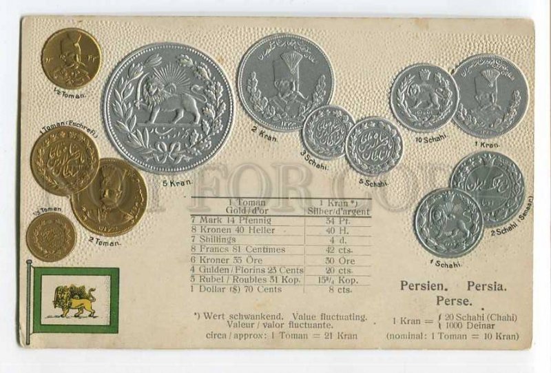 286251 PERSIA COINS Iran Vintage EMBOSSED M.H. postcard