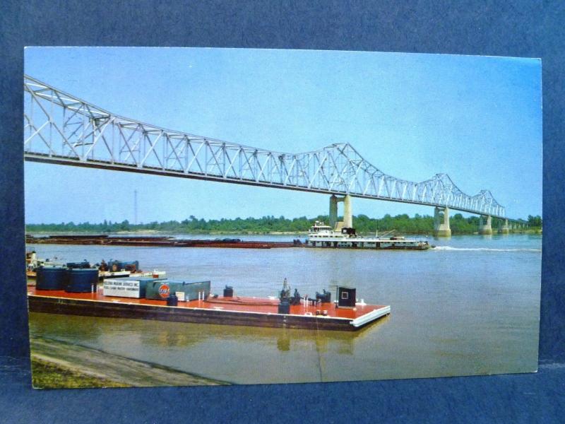 Postcard MS Clarksdale Mississippi Arkansas Bridge Gulf Oil Barge United States Mississippi