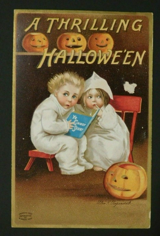 1909 Halloween Postcard Two Children Reading Ghost Story, Four Jack-O'-Lantern