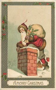 Christmas, Unknown No H3015-1, Red Suit Santa Climbing in Chimney with Toy Sack