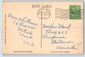 Natick Massachusetts MA Postcard Post Office Building Classic Car 1946 Vintage