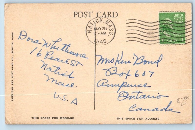 Natick Massachusetts MA Postcard Post Office Building Classic Car 1946 Vintage