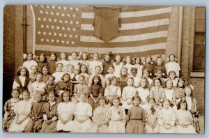 c1910s Children At School Photo Flag Banner RPPC Photo Unposted Antique Postcard