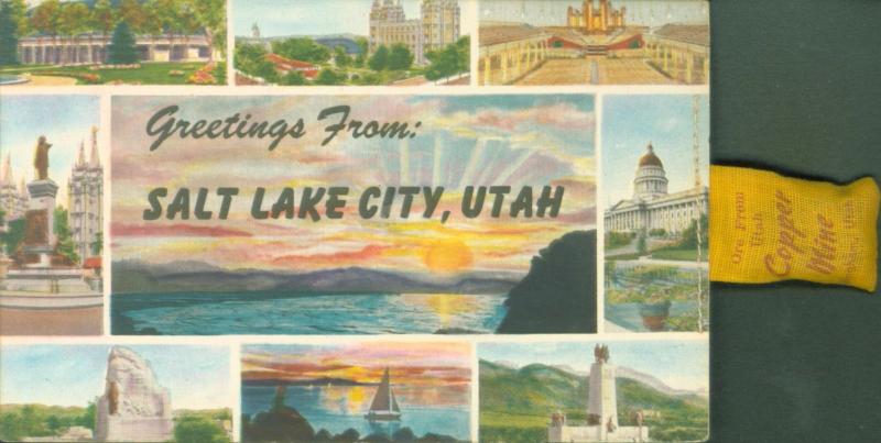 SALT LAKE CITY UTAH MULTI IMAGE GREETINGS POSTCARD c1940s W/ COPPER ORE ATTACHED