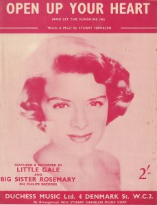 Open Up Your Heart Little Gale & Big Sister Rosemary 1950s Sheet Music