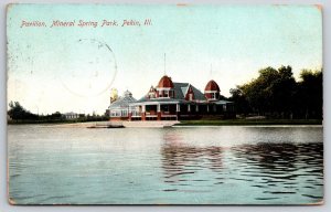 Pekin Illinois~Mineral Spring Park~Lake~Pavilion Bldg~Greenhouse~1907 Postcard