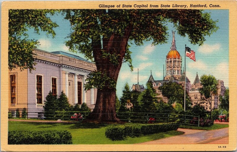 Glimpse State Capitol State Library Hartford Connecticut CT Linen Postcard VTG