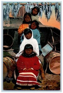 c1950's Eskimo Sisters Sitting On Barrel Hanging Fish View Alaska AK Postcard