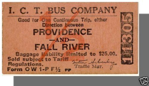 ICT BUS COMPANY TICKET, Providence, Rhode Island/RI to Fall River, MA/Mass