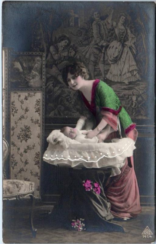 Tinted  RPPC BEAUTIFUL  WOMAN  & Her Baby  in  Bassinet   c1910s  Postcard