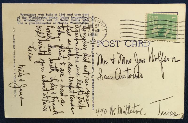 Postcard Used A-189-Woodlawn Home N. Custis Alexandria VA LB