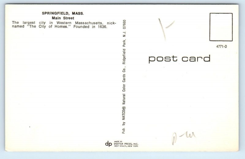 1960 Springfield Massachusetts Postcard Main Street Western The City Homes