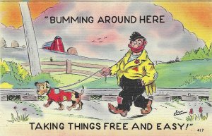 1940's Comic Cartoon Bumming Around Man Dog Artist Signed Linen Postcard