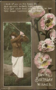 Beautiful Woman Golf Golfing c1910 Tinted Real Photo Postcard BIRTHDAY