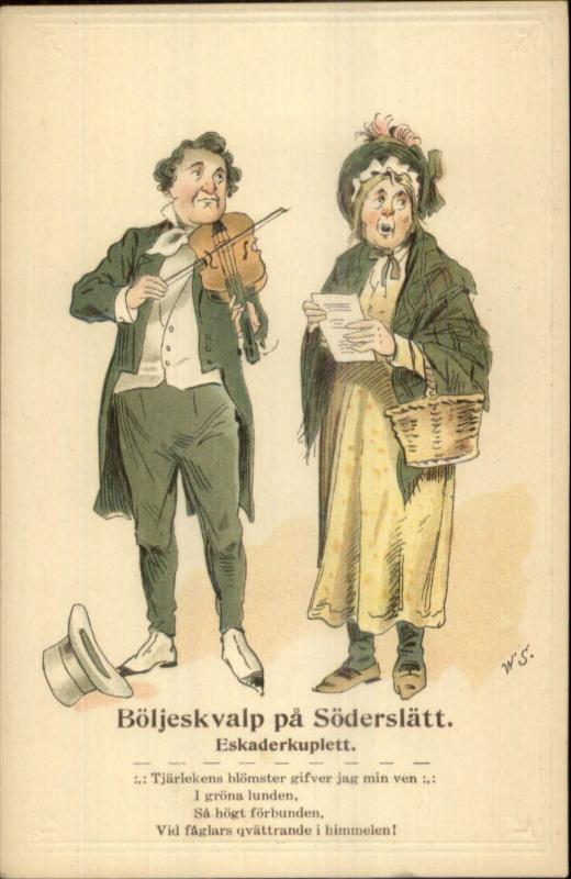 Music Man Plays Violin Hobo Woman Sings Swedish WS 184 Embossed Postcard