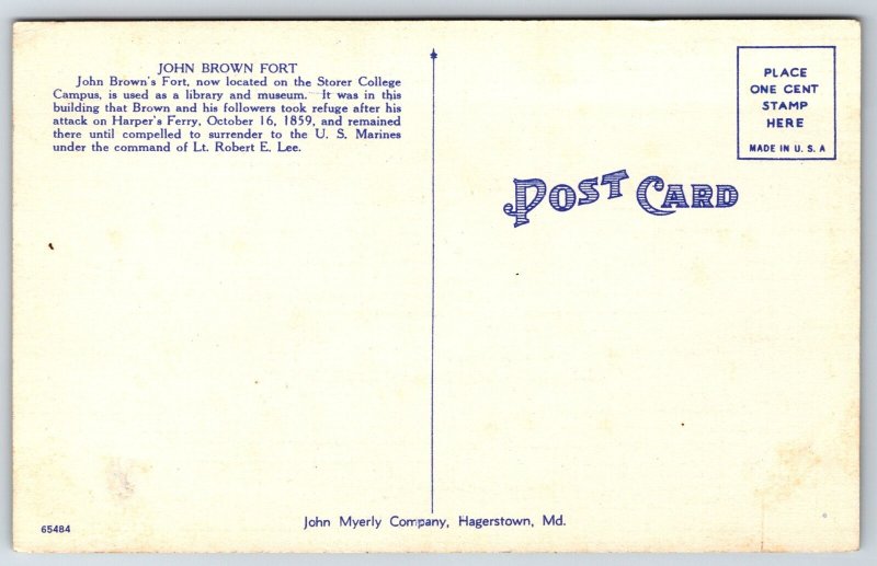 Harpers Ferry West Virginia~John Brown's Fort~Vintage Linen Postcard