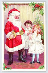 Santa Claus with Children and Toys, Antique Christmas Greetings Postcard, LSC P3