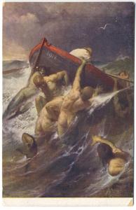 1915 Boat Nude Mermen Mermaids Raging Storm Rare Postcard