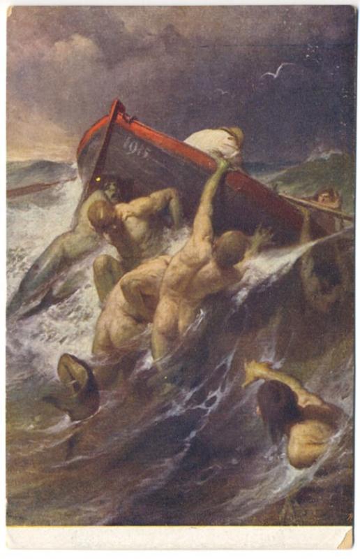 1915 Boat Nude Mermen Mermaids Raging Storm Rare Postcard