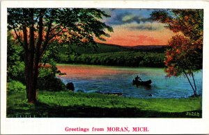 Postcard MI Greetings from Moran Brevoort Lake Man in Canoe LINEN 1940s V182