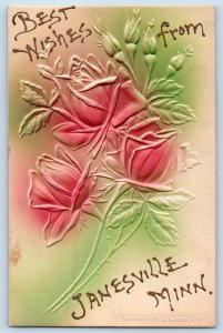 Janesville Minnesota Postcard Best Wishes Flowers Glitter Embossed 1910 Unposted
