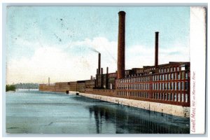 1905 Mill On Merimac River Side Smokestacks Building View Lowell MA Postcard 