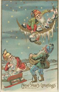 New Year greetings fantasy embossed postcard money bags dwarfs moon gnomes