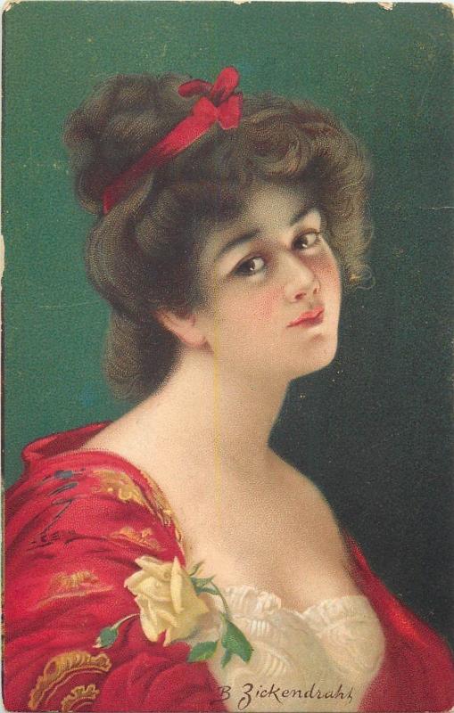 B. Zickendrah signed chromo postcard charm beauty lady portrait