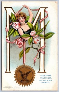 K45/ Interesting Postcard Mississippi State Girl Flowers Seal Platinachrome 523