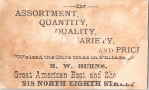 Great American Boot & Shoe Store Philadelphia - R W Burns - Victorian Trade Card
