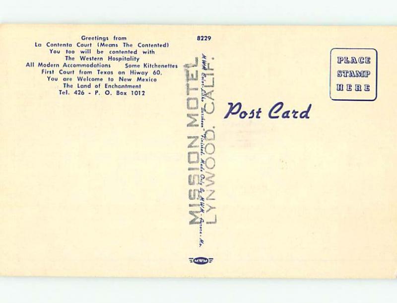 Unused Linen LA CONTENTA COURT LODGE MOTEL Clovis New Mexico NM u7785