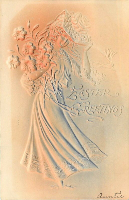 Embossed Airbrush Easter Postcard; Walking Woman with pot of Easter Lilies