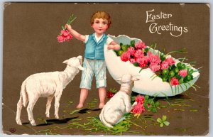 EAS Easter Fantasy~Boy w/Giant Shell & Roses~Lambs~GEL~c1910 Vintage Postcard