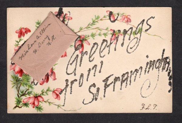 MA Greetings From South Framingham Massachusetts POSTCARD w/  Note Mass