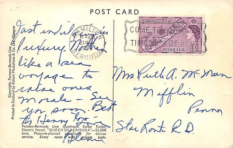 The Furness Luxury Liner, Queen of Bermuda Bermuda 1956 light postal marking ...