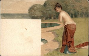 Risque Partial Nude Woman at Lake Side Fine Art c1910 Vintage Postcard