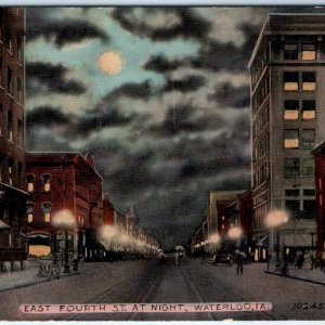 c1910s Waterloo, IA East E 4th St @ Night Litho Photo Postcard Vtg Downtown A62