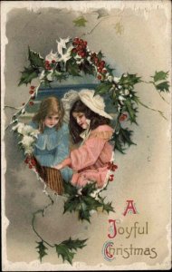 Wildt & Kray Christmas Cute Little Girls Holly Border c1910 Vintage Postcard
