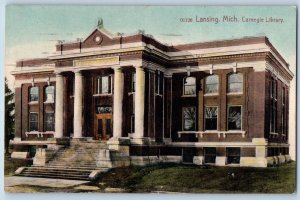 1908 Lansing Michigan Carnegie Library Building Stairway Entrance View Postcard